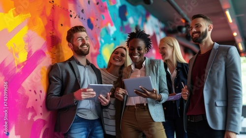 A cheerful group of young professionals uses tablets in front of a colorful mural, radiating creativity and collaboration. AIG41