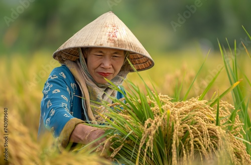 Vietnamese farmer gathering rice