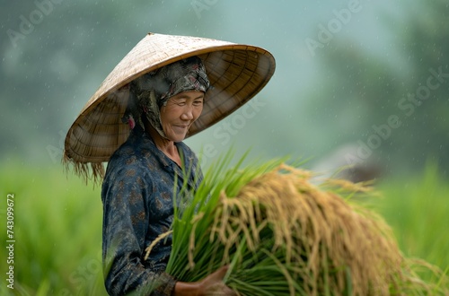 Vietnamese farmer in the rain