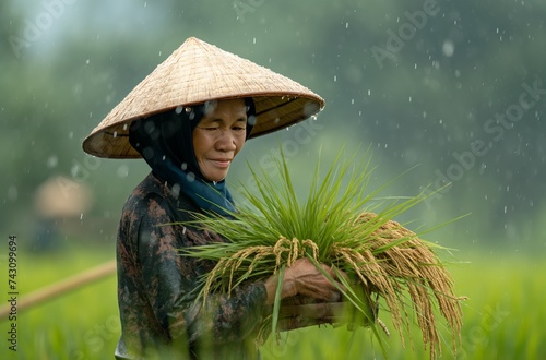 Farmer at work during rain in Vietnam