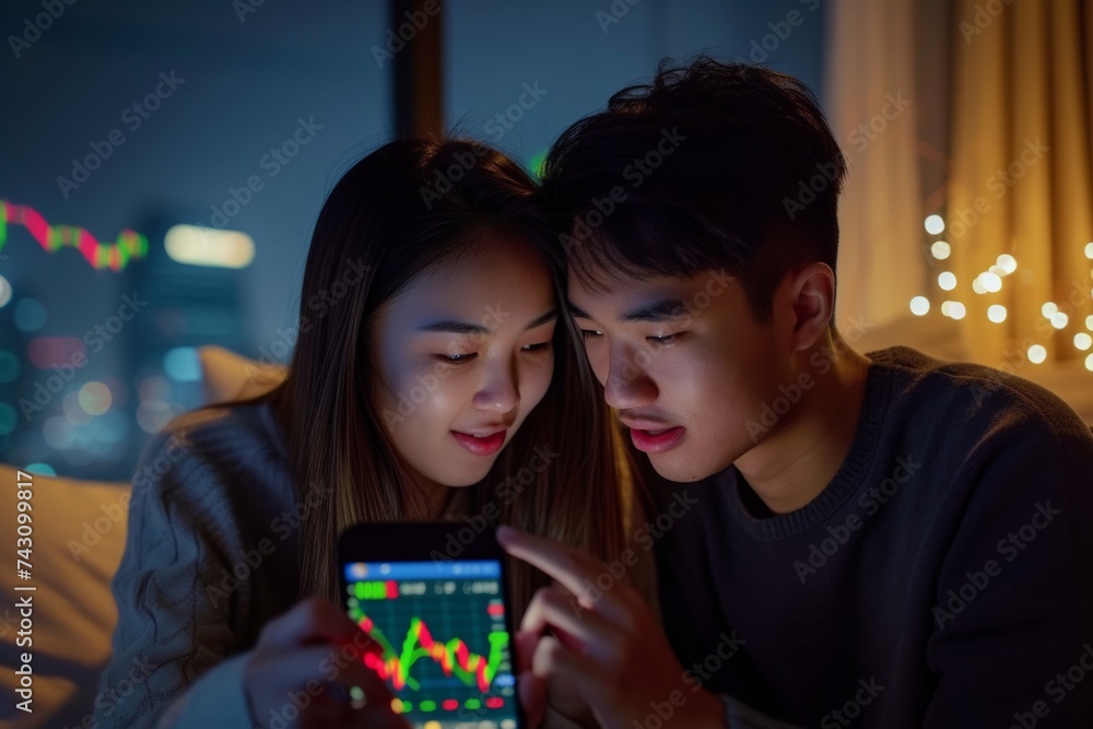 Fototapeta premium Young Asian Couple Analyzing Financial Investments on Smartphone App at Home