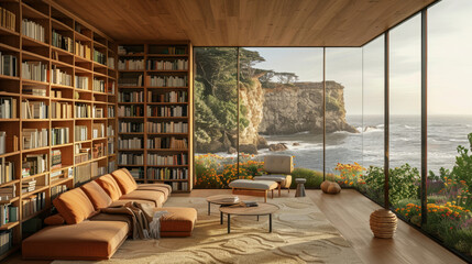 ocean bookshelf background of interior retirement home office library study window view of cliffs beach scenery. Bookshelves in contemporary room. Online virtual presentation meeting room background