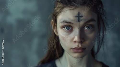 Introspective Young Woman with Ash Cross on Forehead in Dramatic Portrait Intense young woman, ash cross on forehead, haunting gaze, disheveled hair, muted tones, dramatic portrait