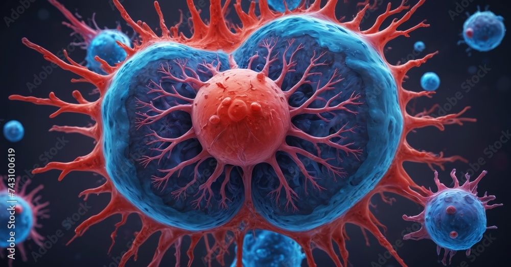 Cancer cells vis - illustration enhanced scanning electron micrograph (SEM) of cancer cell. Visual of overall shape of the cell's surface at a very high magnification. Medical research concept. Cancer cells vis - illustration enhanced scanning electron micrograph (SEM) of cancer cell. Visual of overall shape of the cell's surface at a very high magnification. Medical research concept.