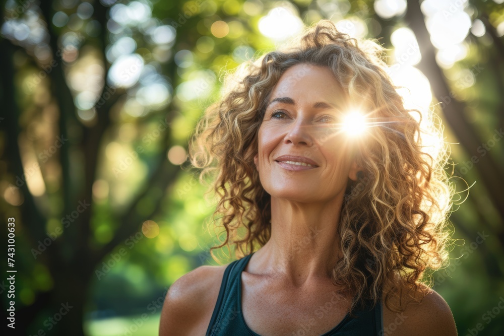 Mature Woman Smiling in Summer Park with Sun Flare Mature Woman Smiling in Summer Park with Sun Flare
