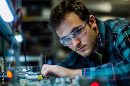 Focused Electrical Engineer Assembling Components on Workbench at Electronics Manufacturing Facility