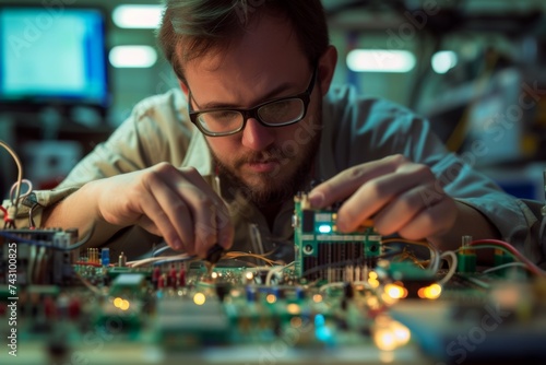 Focused Electrical Engineer Assembling Components on Workbench at Electronics Manufacturing Facility