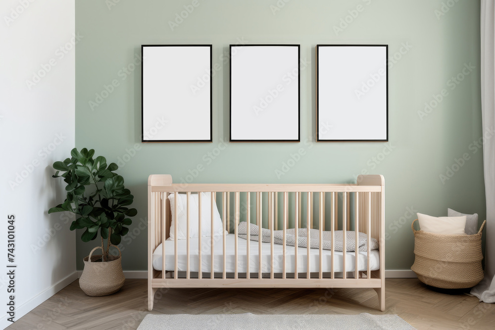 Sage green nursery wall art mockup with 3 empty poster frames, wood
