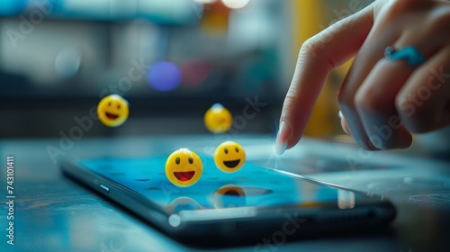 hand touching smartphone screen with emoticons, social networks