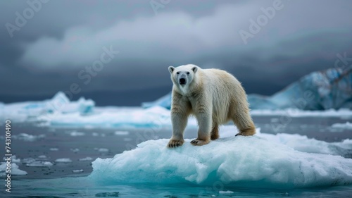 Polar Bear on Melting Ice Floe - A solitary polar bear standing on a diminishing ice floe, highlighting the urgent issue of climate change and its impact on wildlife