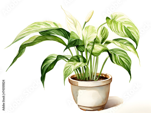 Watercolor illustration of a peace lily plant in a pot 