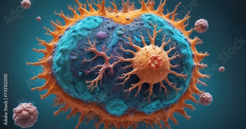 Cancer cells vis - illustration enhanced scanning electron micrograph (SEM) of cancer cell. Visual of overall shape of the cell's surface at a very high magnification. Medical research concept.