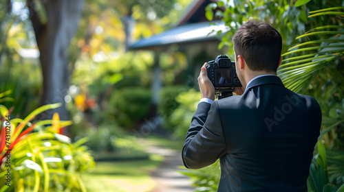 Un agent immobilier en train de prendre un bien en vidéo avec son appareil pour une vente immobilière. photo