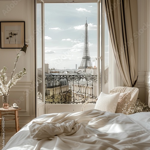 Bedroom Overlooking Eiffel Tower. Generative AI