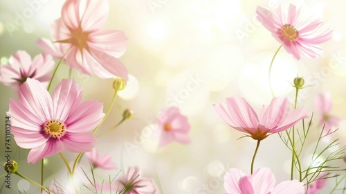 Delicate pink cosmos flowers in full bloom with a blurred background, floral banner, poster
