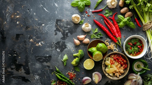 A vibrant display of locally-sourced vegetables and spices, bursting with nutrition and flavor, awaits in this assortment of natural foods that will delight any vegetarian or vegan