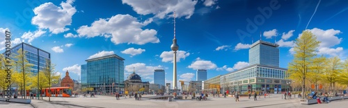 Panoramic View of Berlin Alexanderplatz with Fernsehturm TV Tower and Park Inn Hotel on a Bright Spring Day photo