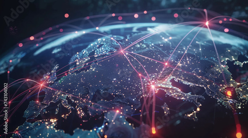 Globo de la tierra con representación de red de conexiones digitales en rojo, presentando en tonos azules el continente europeo, Rusia y norte de África, en imñagen digital photo