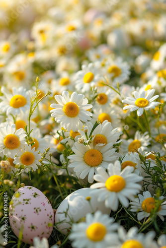 A meadow of daisies with scattered Easter eggs in the soft blurred light of sunset, a picturesque scene of spring's gentleness, and celebration themes.