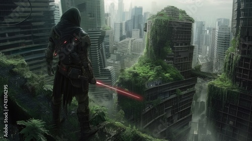 A post apocalyptic landscape where a lone samurai with a laser saber stands against a backdrop of ruined skyscrapers overrun by nature photo