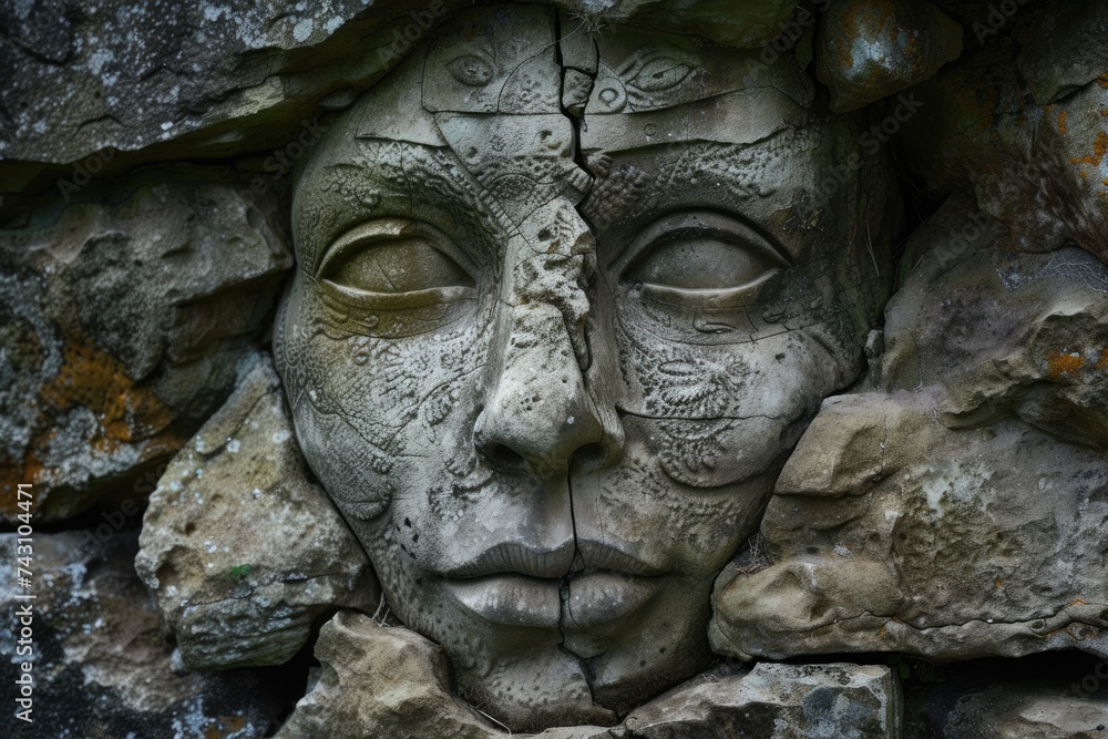 A stone face emerging from a wall its eyes revealing the depths of another universe filled with creatures and landscapes beyond human comprehension