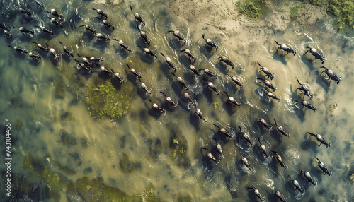 Aerial drone scenic view of Wildebeest animals big herd running crossing African river waters. Call of Nature - the Great Mammal's Migration. Beauty in Nature, cute wild animals and Eco concept image.