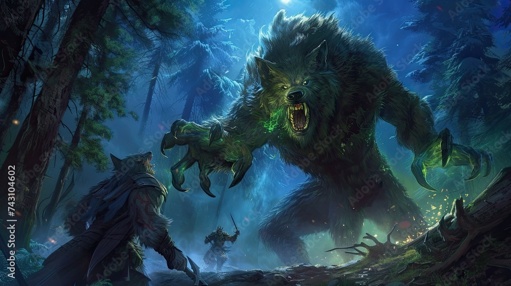A werewolfs and vampires nocturnal alliance illuminated by fairy magic challenging trolls and elves in a landscape shaped by gnome ingenuity and cyclops strength