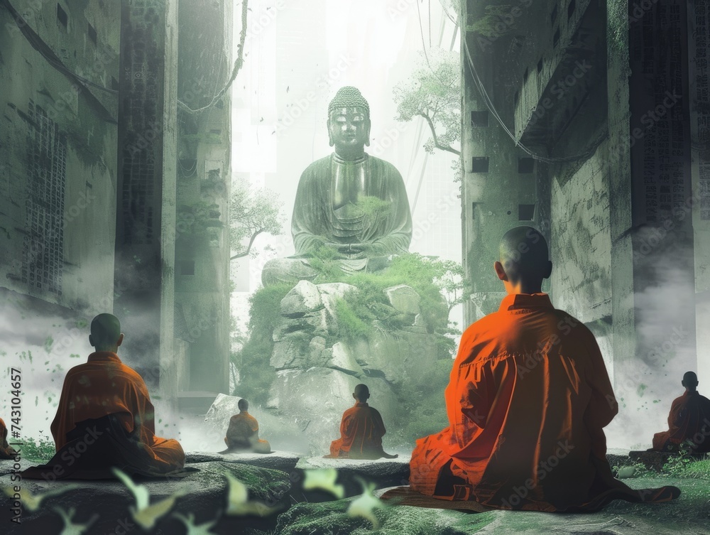 An ancient temple hidden beneath Tokyo where monks meditate alongside AI to unlock the secrets of the universe - obrazy, fototapety, plakaty 