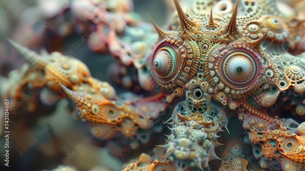 An ultra macro view of god like creatures their every detail revealing the complex elements and structures that compose their otherworldly forms An ultra macro view of god like creatures their every detail revealing the complex elements and structures that compose their otherworldly forms