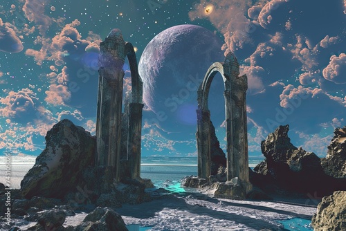 Virtual pantheons echo astral serenity flanked by interdimensional gateways leading to phantom islands amidst celestial ruins photo