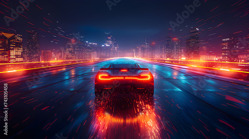 night traffic in the city 3d image, A dark city with neon lights and a car 