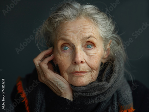 portrait of senior woman with grey scarf on dark background
