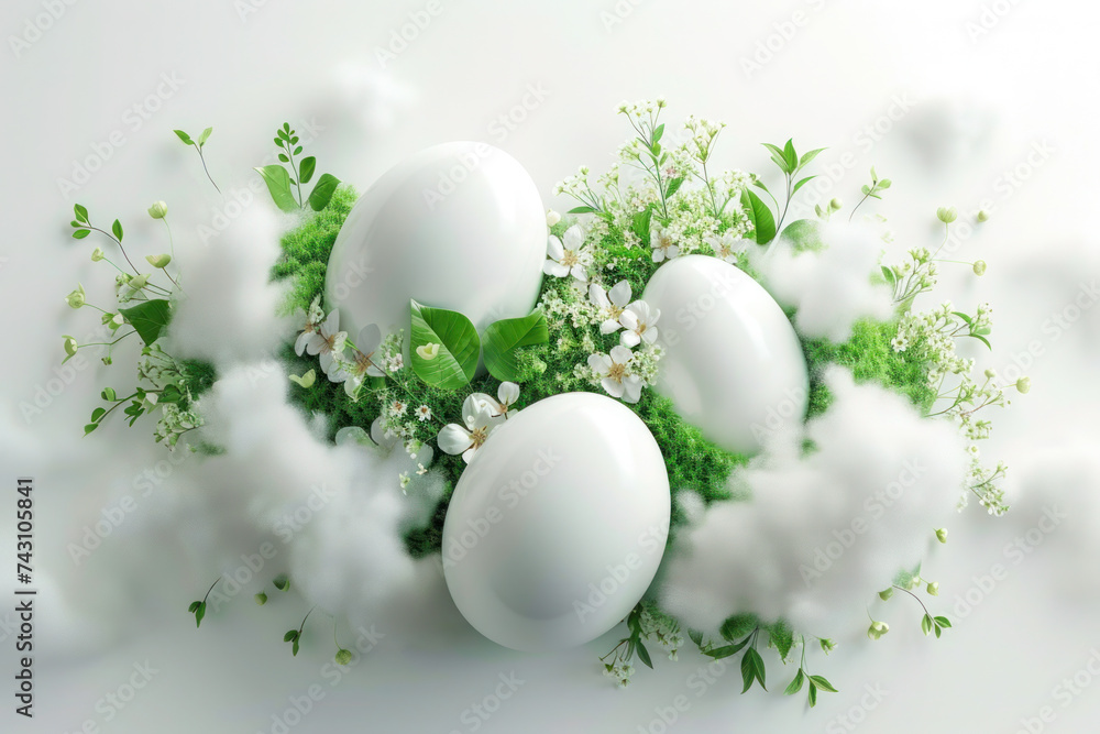 Easter eggs with spring greenery, blooming flowers and clouds