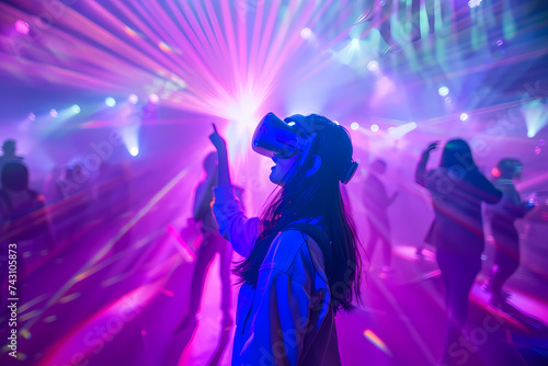 VR concert. The atmosphere of a virtual concert. Performing in a virtual space filled with dynamic light and visual effects.