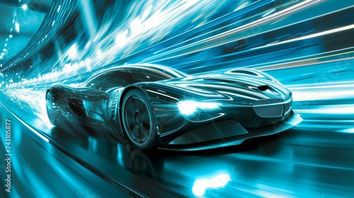 Sleek Futuristic Car Speeding on a Neon-lit Digital Surface Leaving a Luminous Trail © bomoge.pl