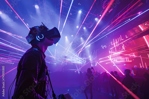 VR concert. The atmosphere of a virtual concert. Performing in a virtual space filled with dynamic light and visual effects. © julimur