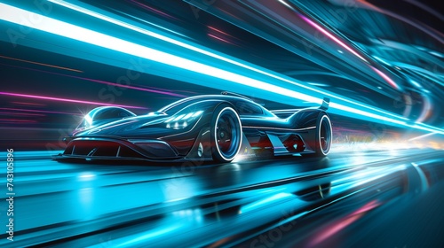 Sleek Futuristic Car Speeding on a Neon-lit Digital Surface Leaving a Luminous Trail © bomoge.pl