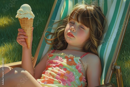 Young Girl Enjoying Ice Cream While Sitting in a Garden Chair on a Sunny Day