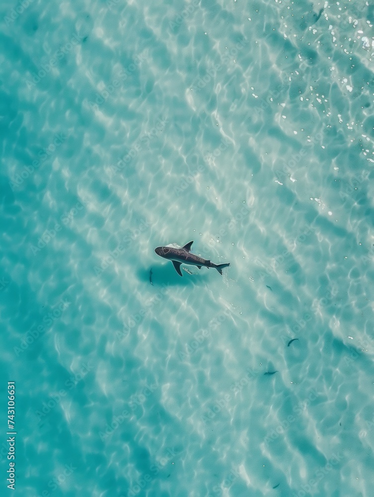 Aerial View of a Lone Shark Gliding through the Crystal-Clear Waters of Exuma, Bahamas