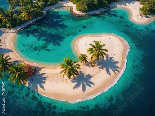 Aerial view of a small tropical island with palm trees and a sandy beach. Tropical paradise with palm trees and sandy shores © Picturemaker