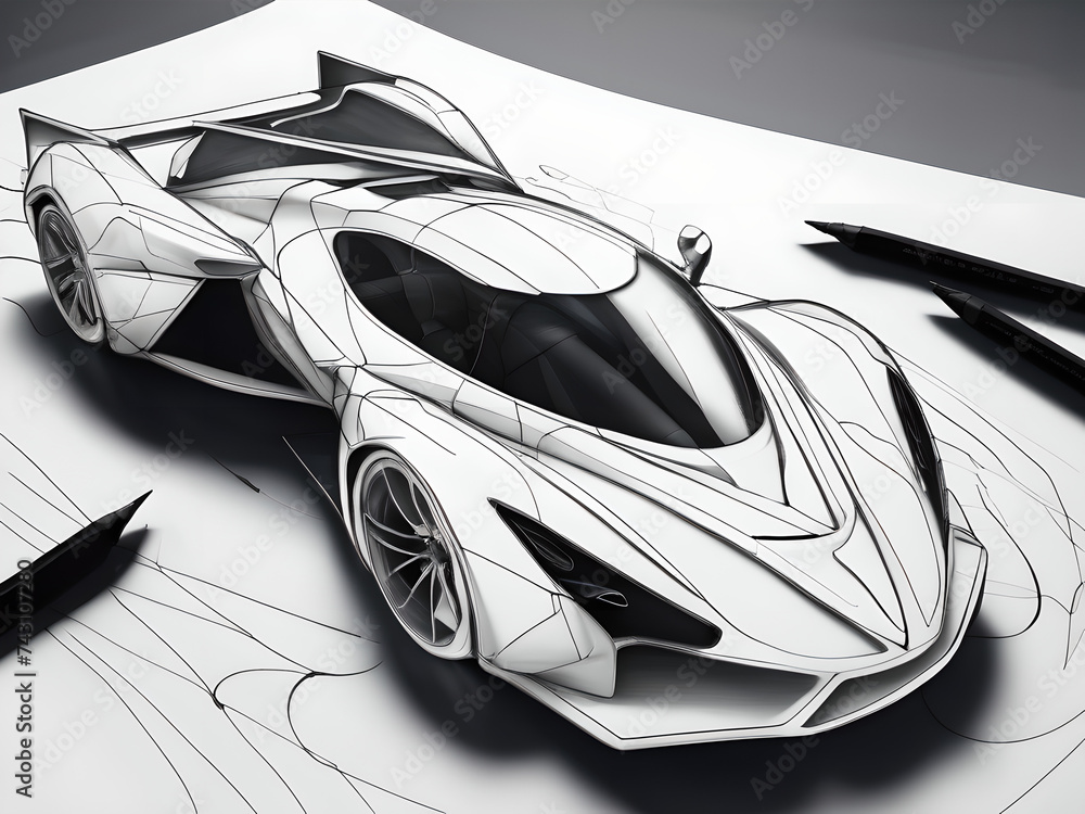 Sketch of a racing car, in charcoal
