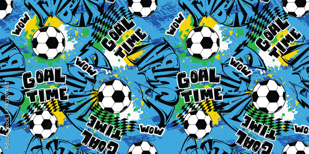 Abstract seamless football pattern with graffiti lettering background. Soccer Ball ornament with grunge brush splatters in Brazil football colors. Print for boy, sport textile, wrapping paper. Abstract seamless football pattern with graffiti lettering background. Soccer Ball ornament with grunge brush splatters in Brazil football colors. Print for boy, sport textile, wrapping paper.