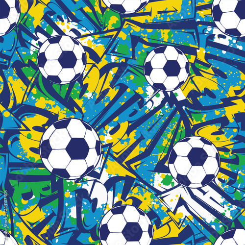 Abstract seamless football pattern with graffiti lettering background. Soccer Ball ornament with grunge brush splatters in Brazil football colors. Print for boy, sport textile, wrapping paper.