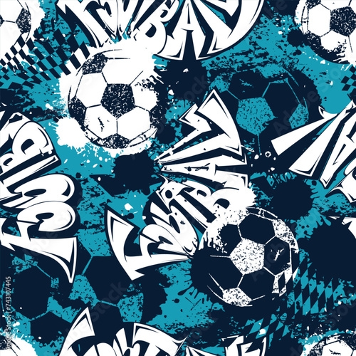 Football seamless pattern with soccer ball on checkered background. Sport repeat print for textile, boy clothes, wrapping paper. Monochrome sport print