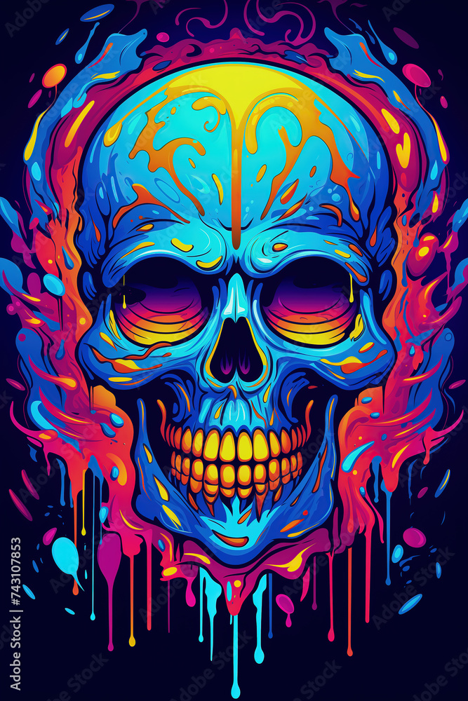 colorful psychedelic and rainbow skull on blue background 