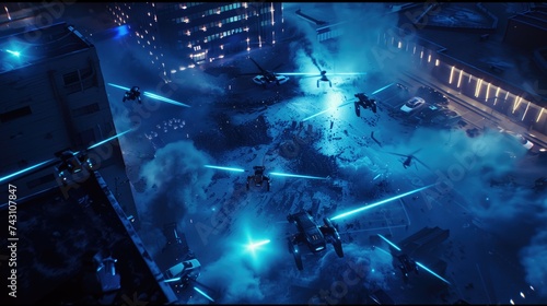 A battlefield  with towering skyscrapers ablaze and flying drones engaged in a fierce aerial battle.
