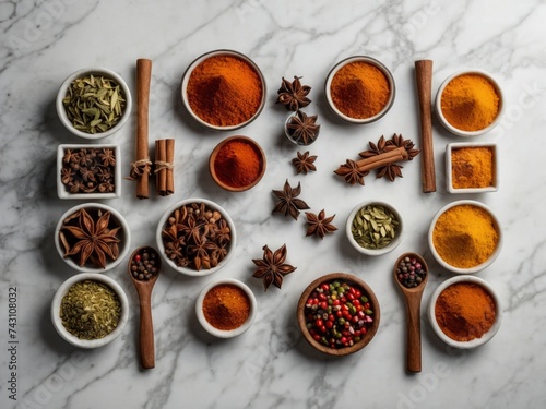Bright aromatic set of spices on white marble table top view - culinary aromatic spice set with a variety of bright and aromatic ingredients. Spice collection on marble backdrop