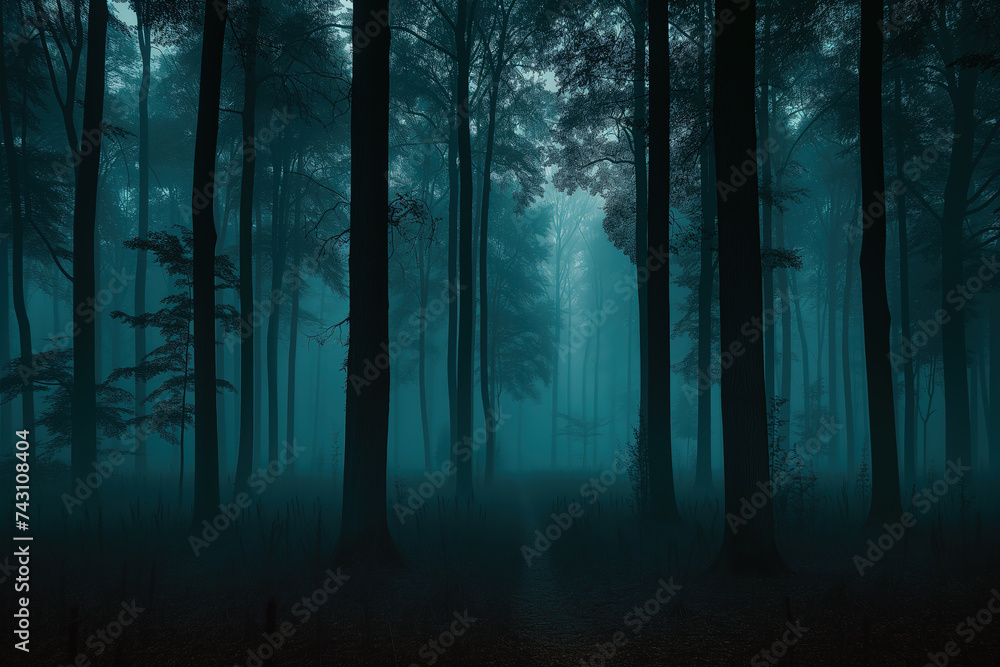 dark foggy forest with trees under low lighting 