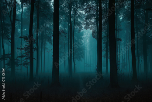 dark foggy forest with trees under low lighting 