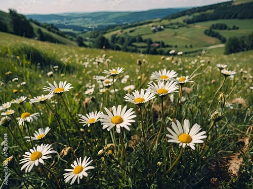 Scenic spring:summer: Blooming daisy field amidst pastoral landscape, hills rolling in countryside, meadow with daisies